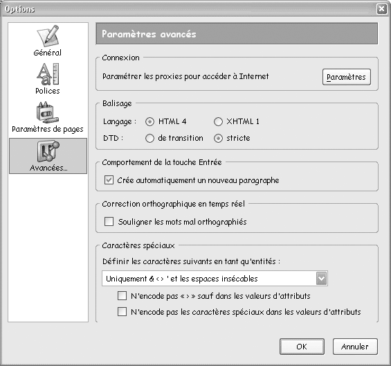 paramètres par défaut de KompoZer paramètres avancés : réglages par défaut
