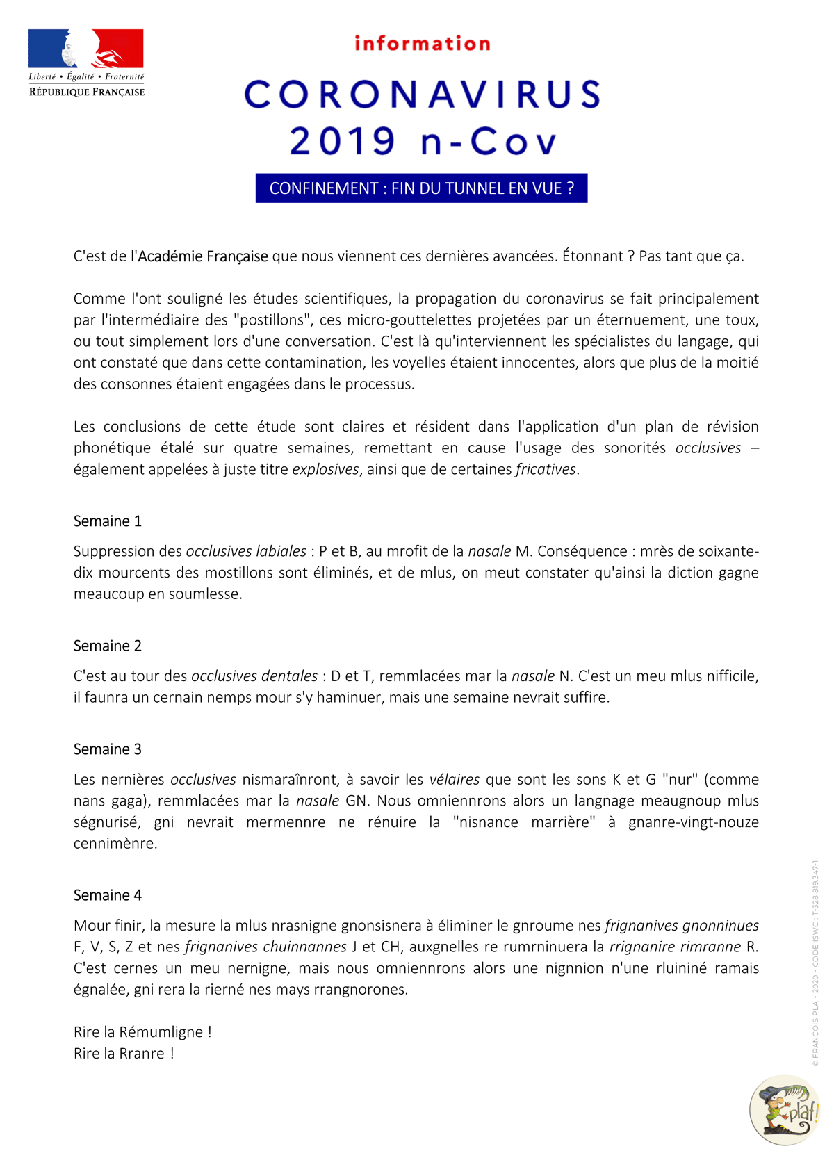 La phonétique du postillon (le texte source…) : information coronavirus, confinement la fin du tunnel en vue ? exclusion des occlusives